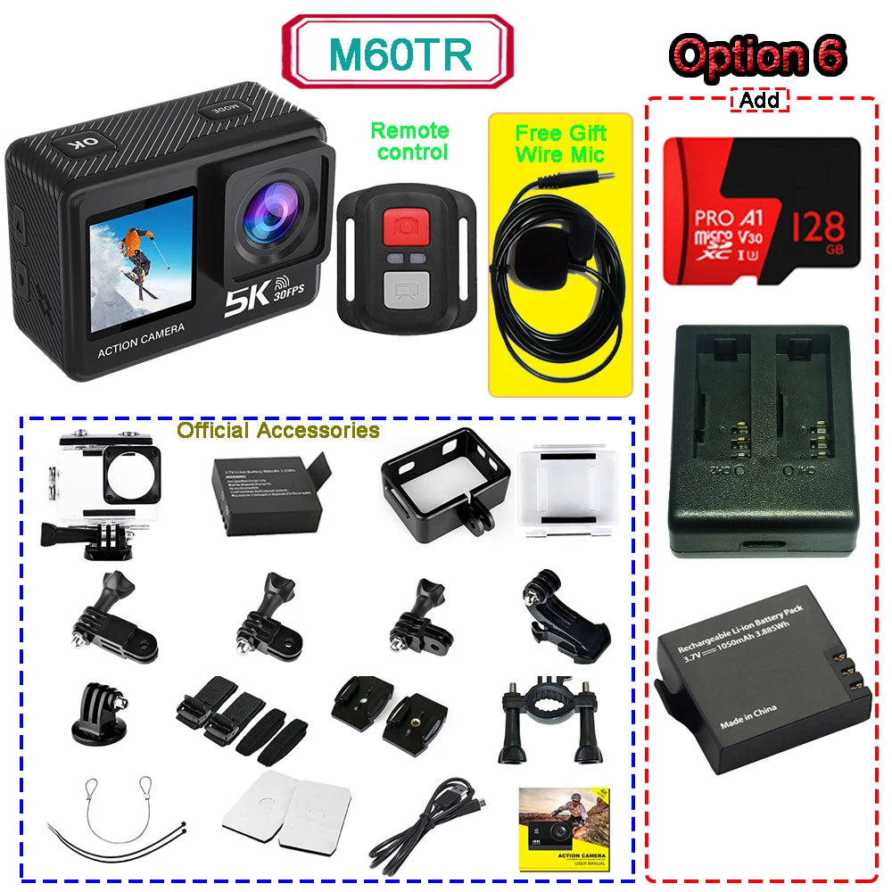 5K 4K60FPS Action Camera 50MP Dual Screen Touch Display WiFi EIS Waterproof Sports Camera with Wireless Microphone Support
