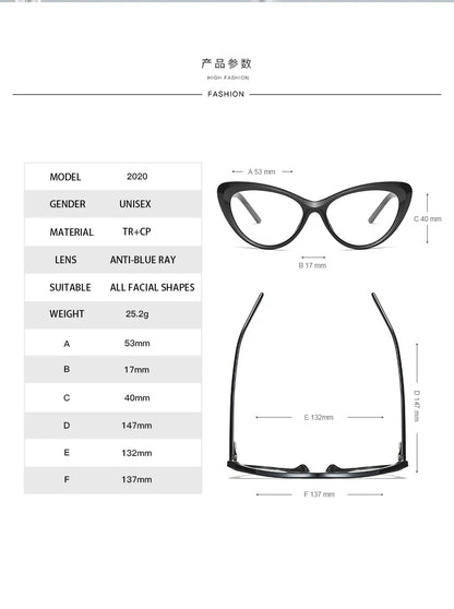 HONGMEI Women's  Cat's Eye Fashion Eyeglasses Frames Anti-Blue Light Reading Glasses Customizable Myopia Hyperopia Myopia