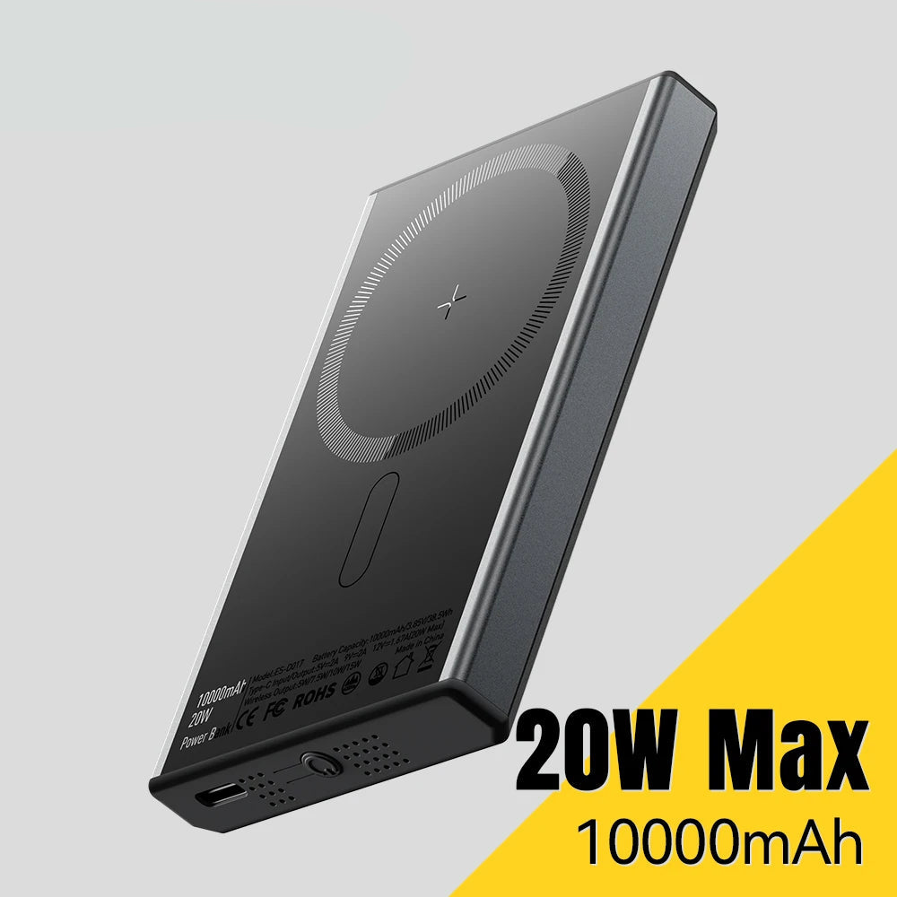 10000mAh Magnetic Power Bank 20W PD Wireless Fast Charging Slim Portable Charger for iPhone MagSafe
