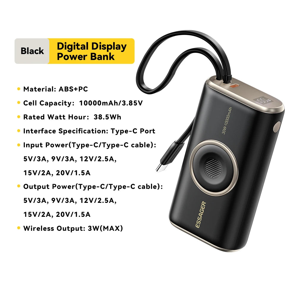 10000mAh Power Bank 30W PD Fast Charging Wireless Magnetic Charger with Built-in Cable & Digital Display