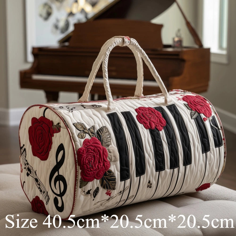 3D Printed Quilted Music Tote Bag Guitar Piano Floral Rose Design Travel Duffle Bag Carry on Luggage Unique Weekender Bag