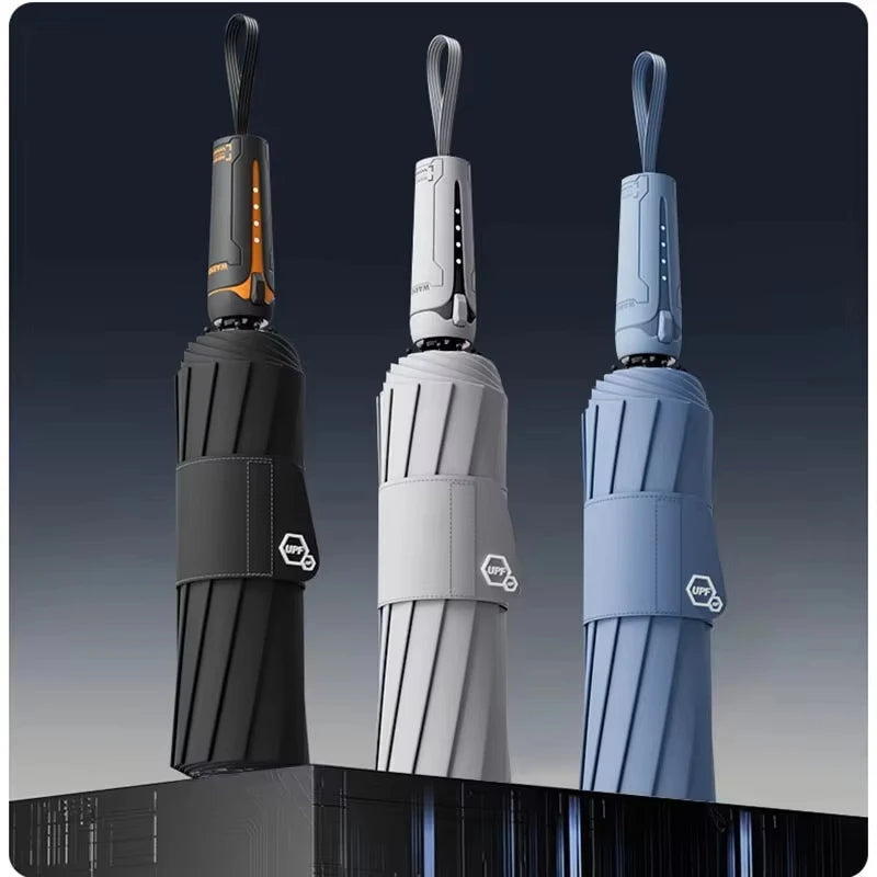 Mechanical Style Fully Automatic Wind Resistant Folding Umbrella Wide Strap Large Coverage