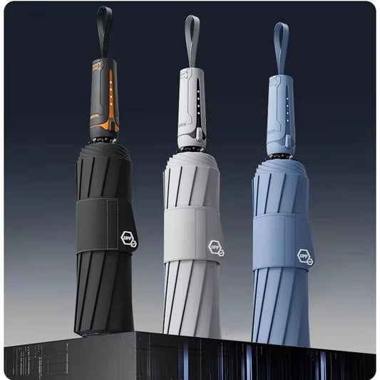 Mechanical Style Fully Automatic Wind Resistant Folding Umbrella Wide Strap Large Coverage
