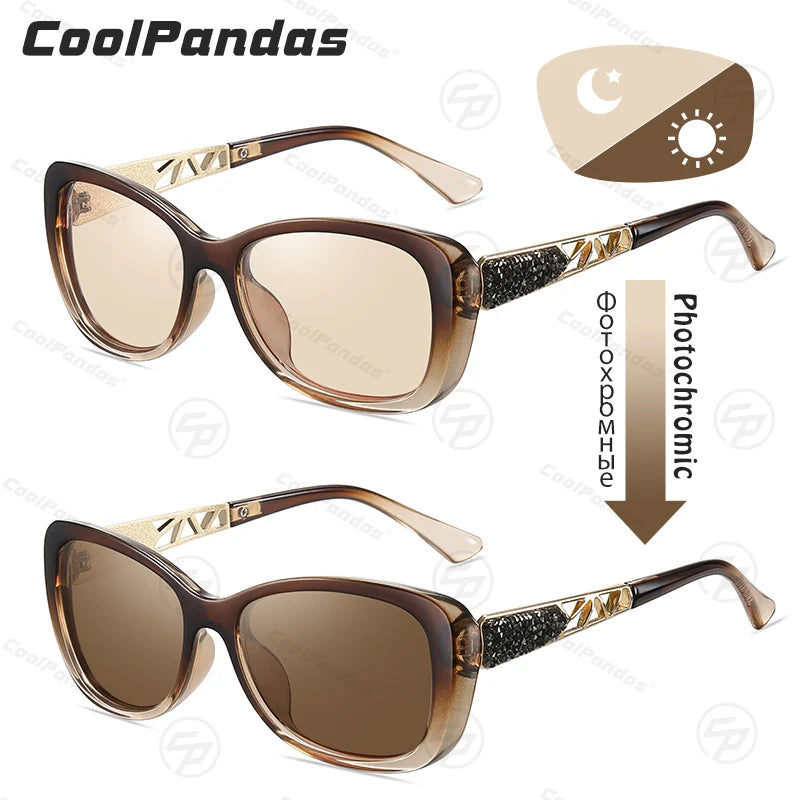 Diamond Frame Photochromic Polarized UV400 Fashion Sunglasses for Women Travel Glasses