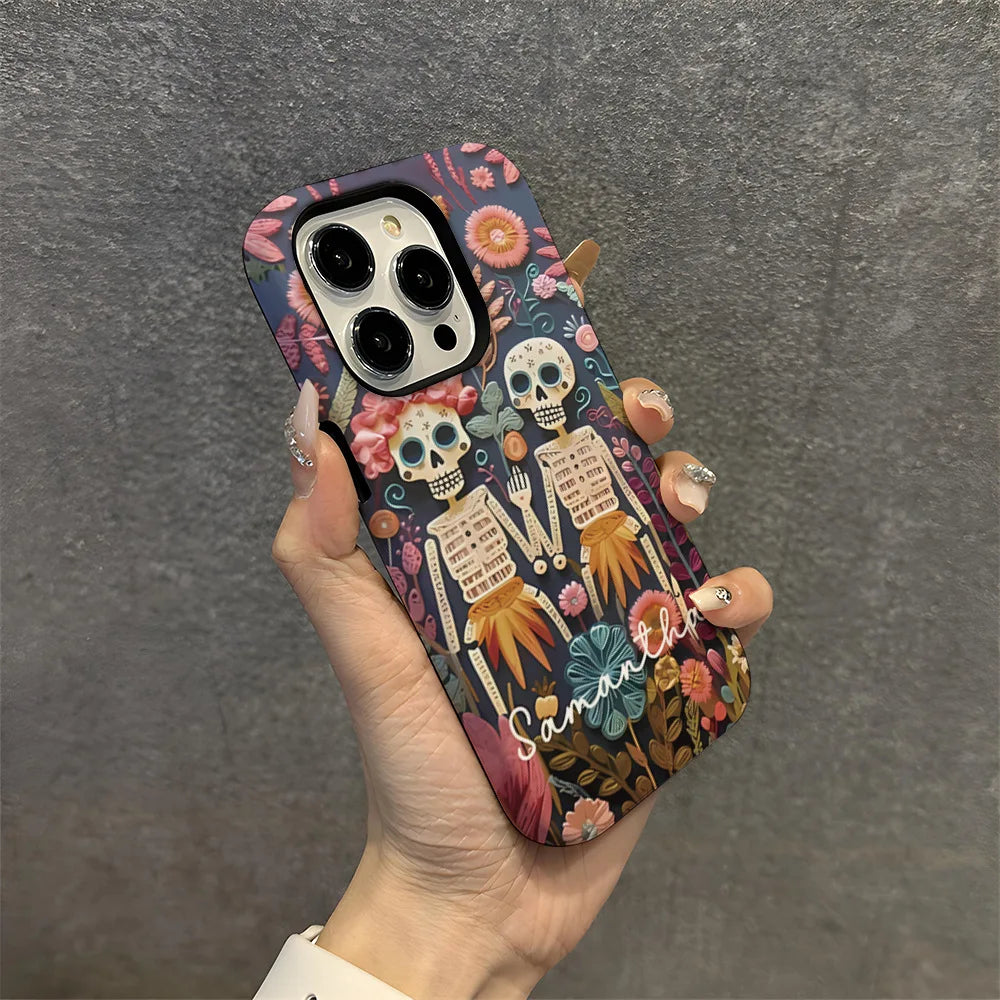 Fashion Embroidery Effect Skull Skeleton Phone Case For iPhone 16 15 Pro Max 16 Plus 2 in 1 Hard Protection Cover Funda