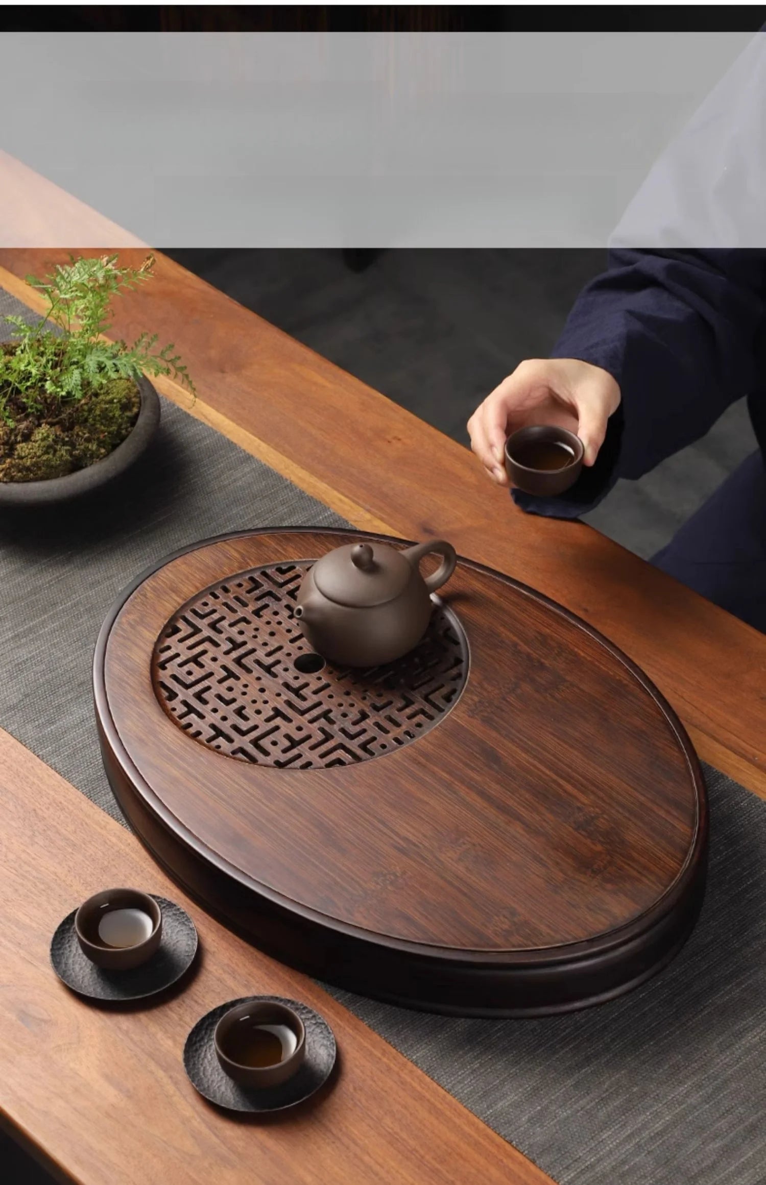 Chinese Tea Ceremony Culture Oval Tea Tray Natural Bamboo Hollow Drainage Storage Tea Tray Home Solid Wood Storage Tray