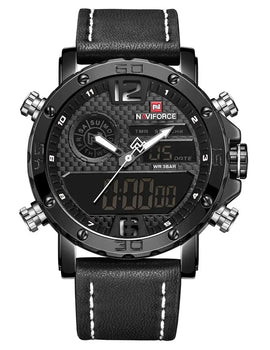 Men Leather Sports Watches Men's Quartz LED Digital Clock Waterproof Military Wrist Watch