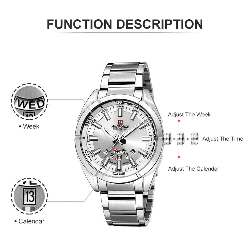 Stainless teel Sport Waterproof Male Watches Quartz Date Display Clock