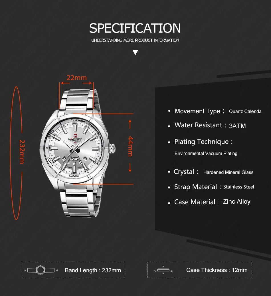 Stainless teel Sport Waterproof Male Watches Quartz Date Display Clock