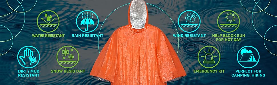 Emergency Thermal Waterproof Rain Poncho and Survival Blanket